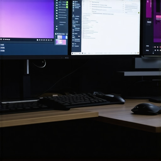 A modern, tidy desk featuring dual monitors on adjustable arms, cable management, and ambient lighting