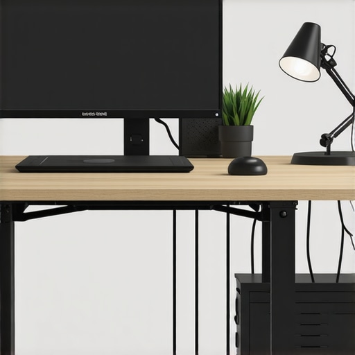 Efficient ergonomic workspace Modern ergonomic workspace with adjustable monitor and organized desk accessories.