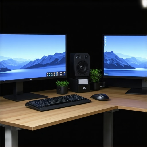 A clean and organized ergonomic workspace with monitors, lighting, and cable management.