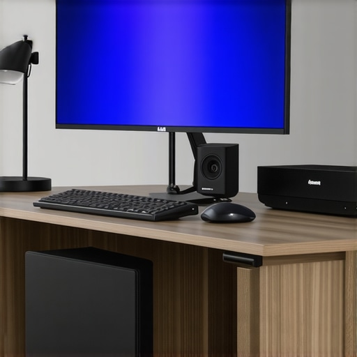 Ergonomic Workspace Setup A clean and organized ergonomic desk with monitor at eye level, adjustable lighting, and neatly managed cables.