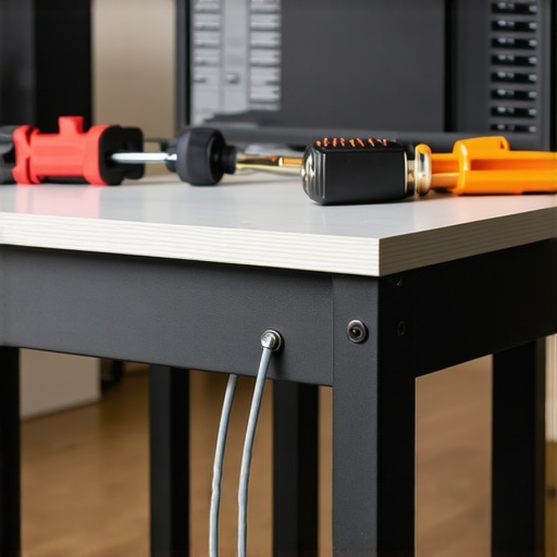 Close-up of a grounding copper wire attached to a metal desk in a home office setting.