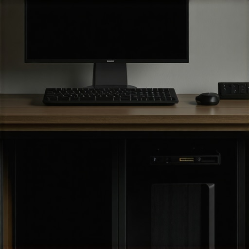 Hidden PC Setup in Stylish Desk Enclosure A sleek home office with a concealed, ventilated PC enclosure under the desk, showcasing organized cables and cooling fans.