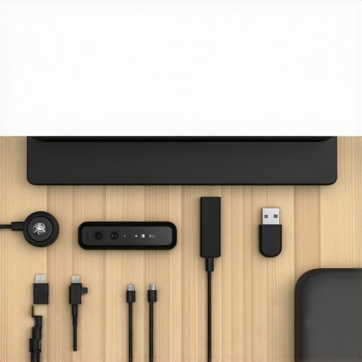 A minimalist desk with cables neatly routed through grommet and a concealed power strip