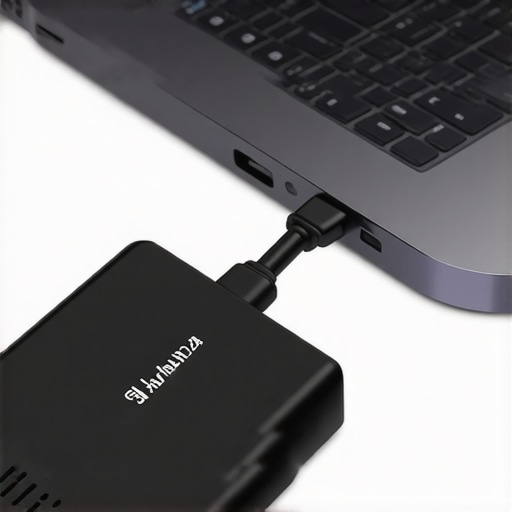 Close-up of a Thunderbolt 4 cable connected securely to a laptop dock, highlighting cable quality and proper connection.