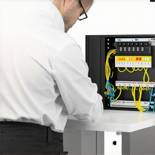 Close-up of technician checking internal wiring of standing desk control box