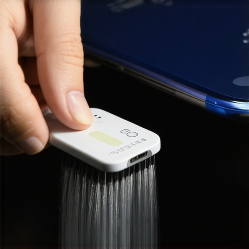 Person cleaning a USB-C port with a soft brush and compressed air to remove dust and debris.