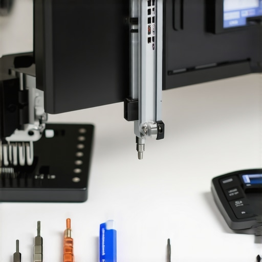A technician tightening monitor arm screws using a torque driver on a clean desk setup.