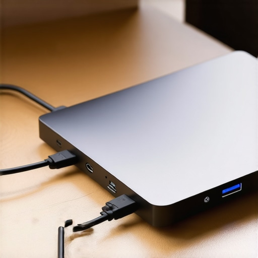 Modern USB-C Dock with Multiple Devices A high-tech USB-C dock managing several cables in a clean office setup.