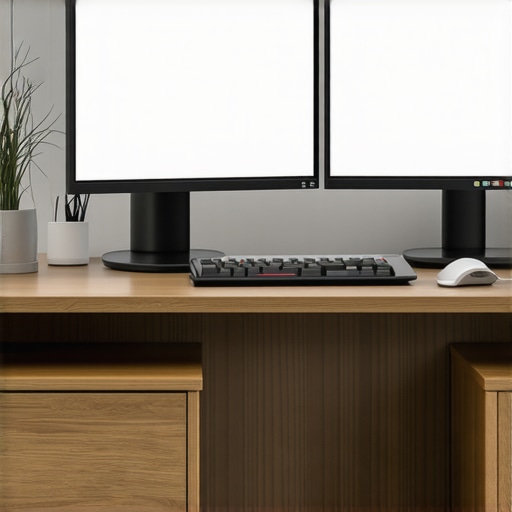 Modern ergonomic office workspace with tech setup. A clean and organized office desk featuring dual monitors, a USB-C dock, adjustable LED lighting, and neatly arranged accessories.