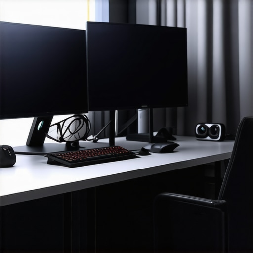 Modern ergonomic workspace with organized cable management and lighting. A sleek, organized desk with ergonomic monitors, adjustable lighting, and tidy cables.