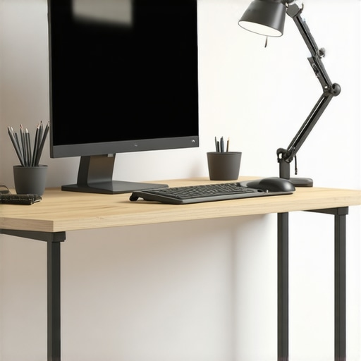 A well-lit home office desk with adjustable lamp and ergonomic accessories