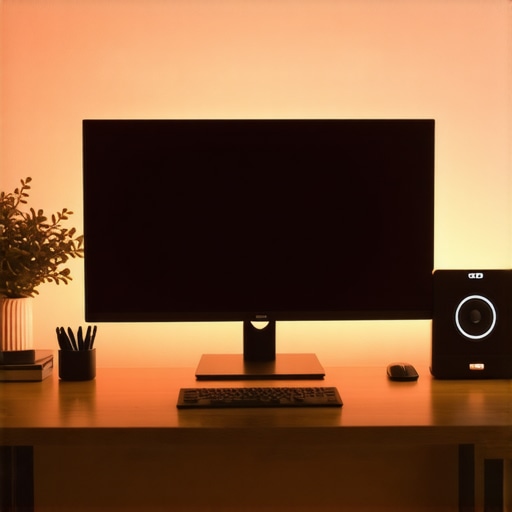 A clean, organized office desk with soft ambient lighting, ergonomic monitor stand, and eye-friendly lighting arrangements.