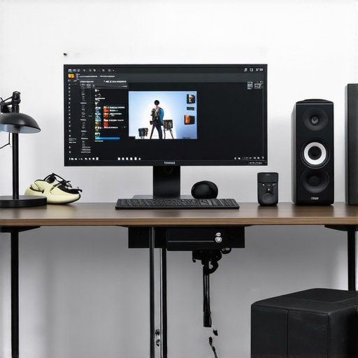 A clean and ergonomic desk layout with monitor, lighting, and organized accessories