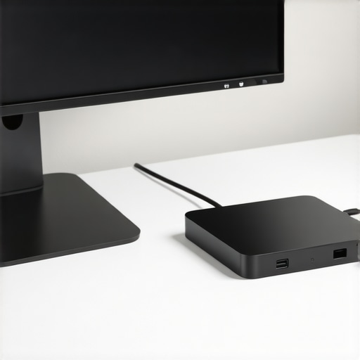 Monitor calibration device and USB-C dock on a tidy desk