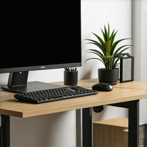 Clean and organized office desk featuring ergonomic accessories, adjustable lighting, and technology
