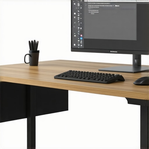 Optimized Office Desk with Cable Management and Lighting An organized workspace with properly arranged cables, ergonomic monitor height, and adjustable lighting