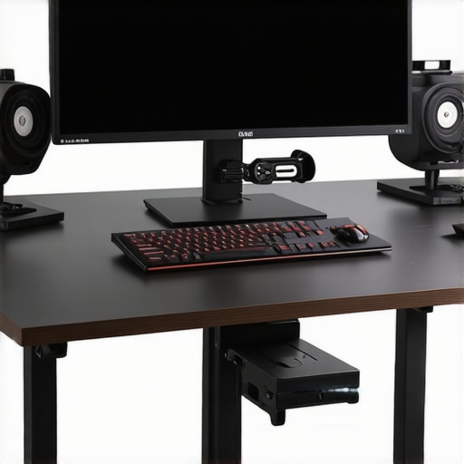 Ergonomic standing desk with foam support mat, adjustable monitor, and desk lamp