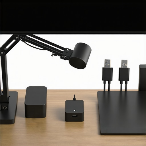 A clean and organized desk featuring adjustable lamp, neatly routed cables, ergonomic wrist rest, and a monitor arm.