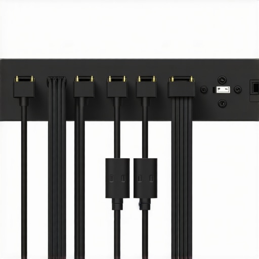 Close-up of sleek, organized cables with sleeves and clips in a professional office