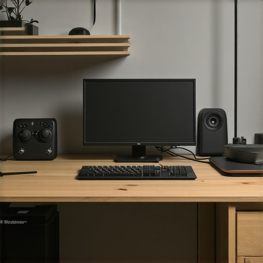 A clean, organized desk featuring a small shelf, cable clips, and ergonomic setup.