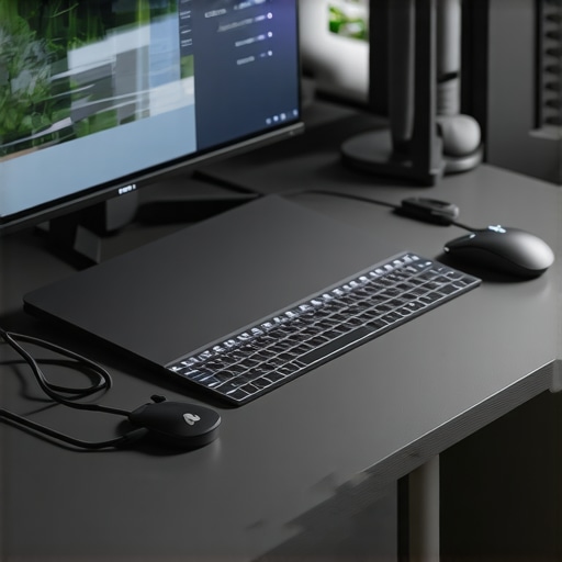 Organized Desk with Tech Accessories A clean and organized home office desk featuring a USB-C dock, ergonomic accessories, and cable management solutions.