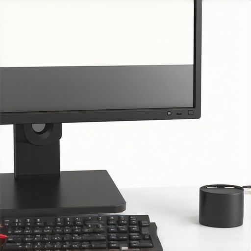 A tidy desk featuring a USB-C dock, monitor, and adjustable desk lighting for productivity