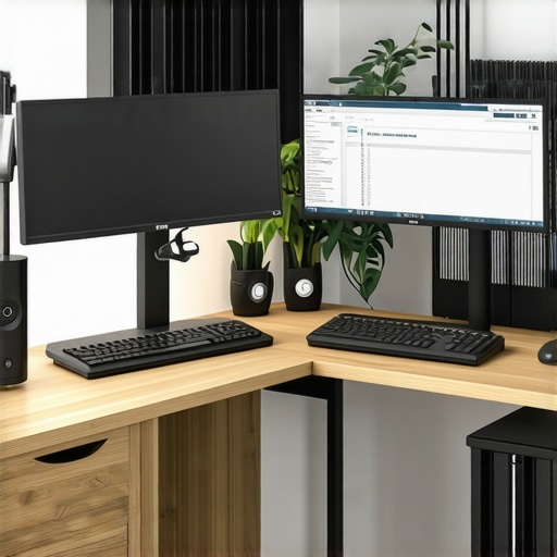 A clean and ergonomic desk setup with neatly arranged cables and adjustable monitors