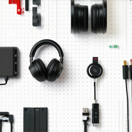 Pegboard mounted on office wall with neatly arranged cables, headphones, and office supplies