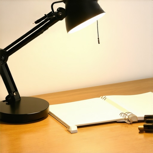Desk with adjustable LED lamp positioned optimally for shadow-free handwritten notes.