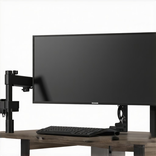 A sturdy, reinforced mount supporting a large ultrawide monitor in a sleek office setup.