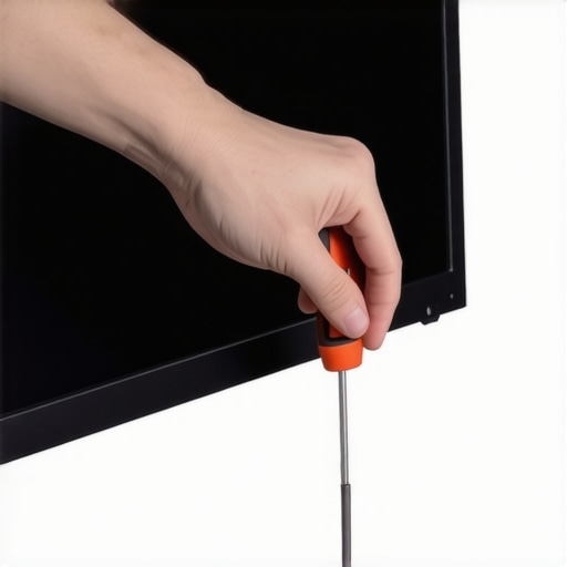 Person tightening monitor screws to prevent wobbling.