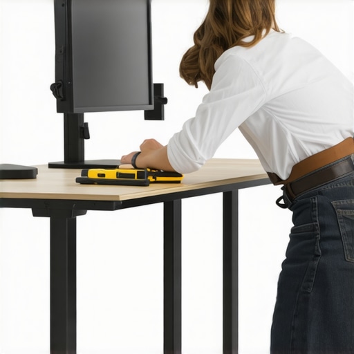 Person tightening desk screws to improve stability.