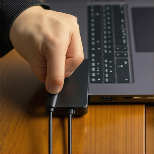 Hands connecting a high-quality USB-C cable to an external hard drive on a busy desk.