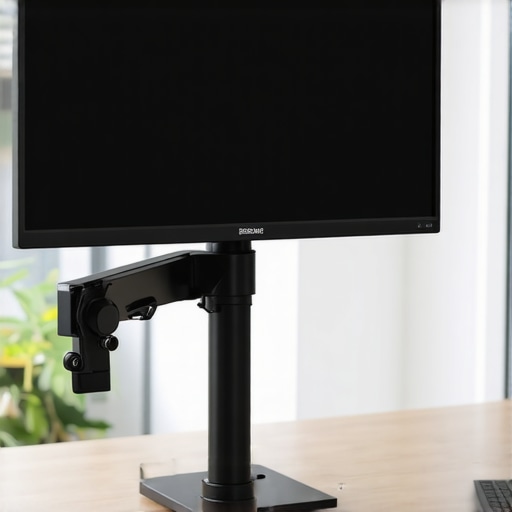 Heavy ultrawide monitor securely mounted on a supporting arm in an ergonomic workspace.