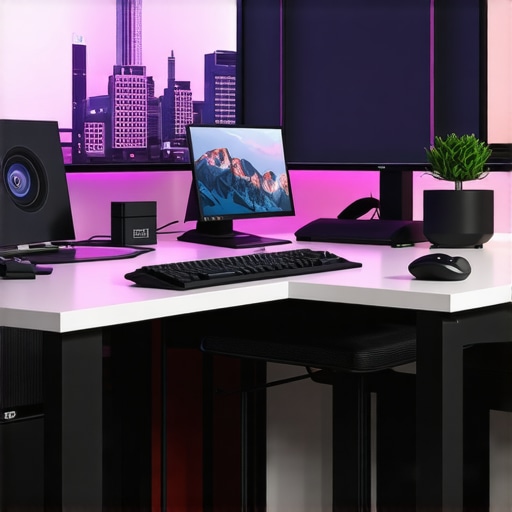 A modern, tidy workspace featuring dual monitors, ambient LED lighting, cable organization, and ergonomic accessories