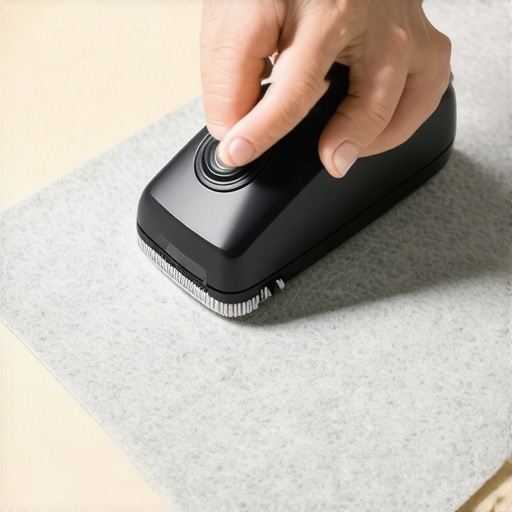 Person carefully shaving pills off a felt desk mat with a fabric shaver