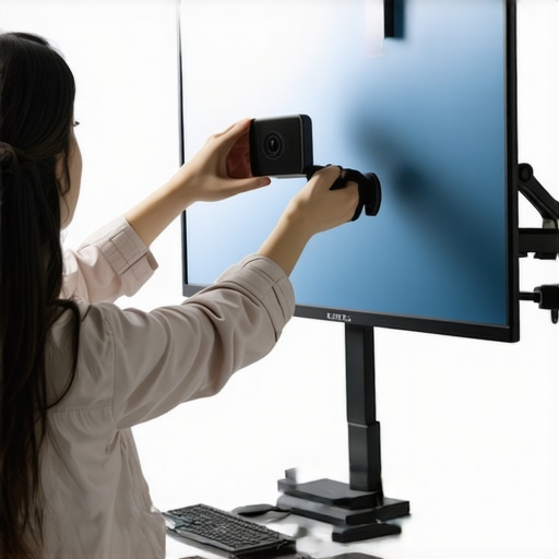 Person positioning webcam on ultrawide monitor using a clamp mount, well-lit workspace