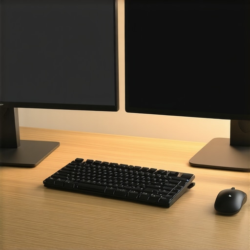 A modern desk setup showing dual monitors matched for color accuracy with warm bias lighting.