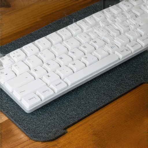 Acoustic Desk Mat for Mechanical Keyboards Close-up of a felt desk mat on a wooden desk to improve keyboard acoustics.