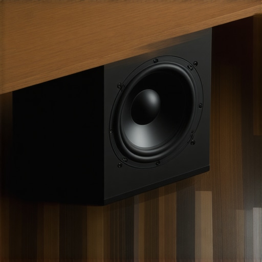 Acoustic Subwoofer Isolation Pad Setup A studio subwoofer resting on acoustic isolation pads under a desk to prevent vibration