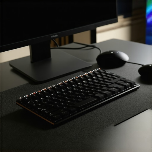 A modern steel desk setup with a felt mat, mechanical keyboard, and monitor light bar to reduce glare and noise resonance.