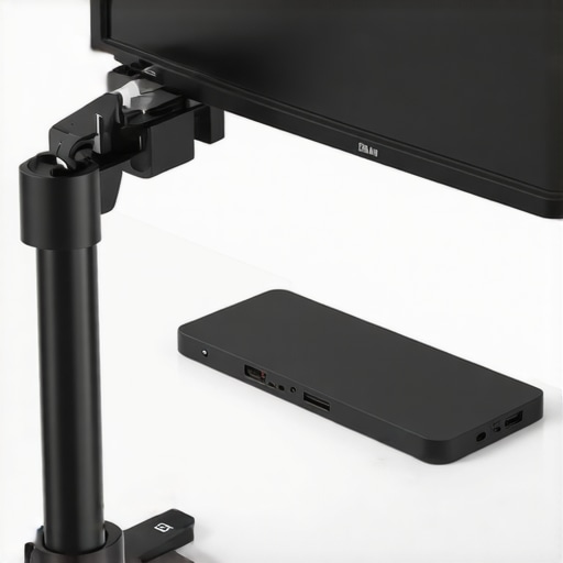 Adjusting Monitor Arm Tension for a Stable Setup Close-up of monitor arm adjustment on a white minimalist desk with a USB-C dock.