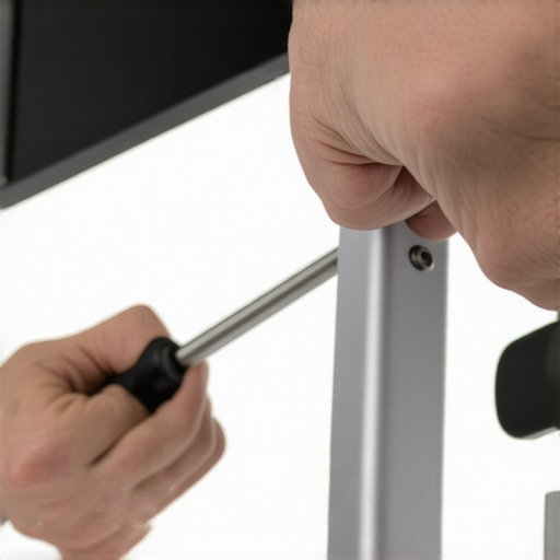 A close-up view of a hand calibrating the tension screw on a professional monitor arm with a hex key.