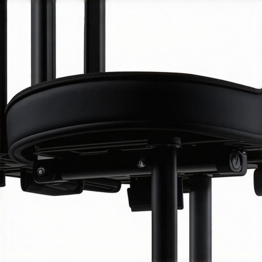 Underside of office chair showing adjustable armrest bolts