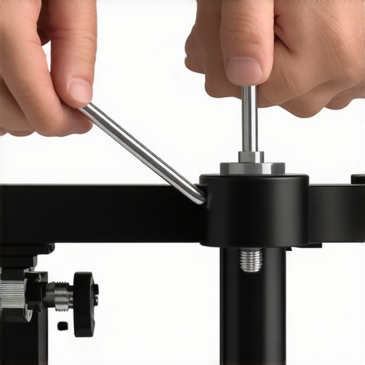 Adjusting monitor arm tension bolt Close-up of a hand adjusting a gas spring monitor arm tension screw with a hex key