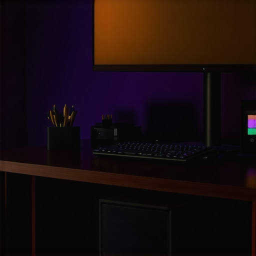 Advanced Bias Lighting and Desk Dock Setup A professional desk setup featuring bias lighting behind the monitor and an organized USB-C dock system.