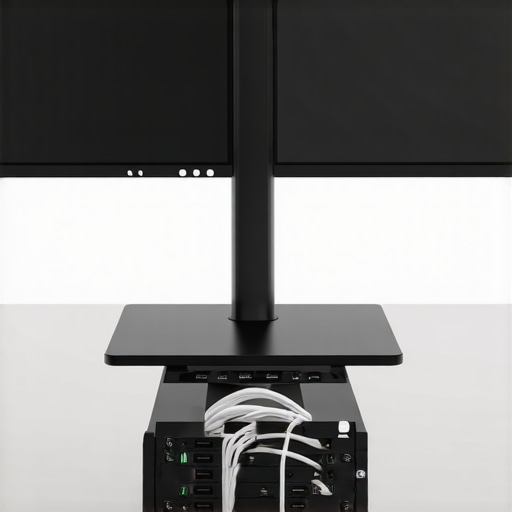 Advanced Cable Management for Dual Monitors Close-up of a high-quality USB-C dock with organized cables behind vertical monitors