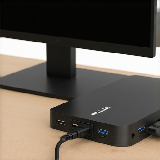 Advanced Desk Connectivity and Hub Setup Close up of a USB-C dock connected to a computer monitor on a clean white desk.