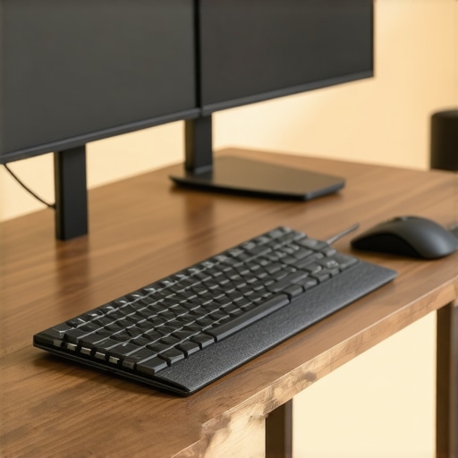 A professional workspace featuring a high-end USB-C dock and dual monitors on a dark wood desk with a felt mat.