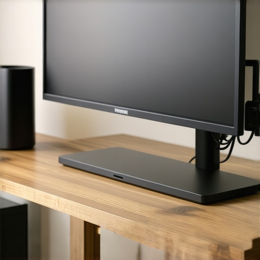Advanced Desk Integration and Dock Setup Close up of a USB-C dock and organized cables under a monitor riser on a professional desk.